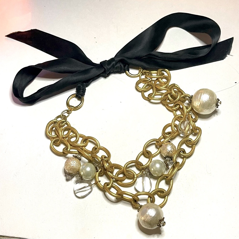 Vintage ANNE KLEIN Gold Plated Pearl Crystal Charm 2 Chain Tie Choker Necklace - Picture 13 of 14